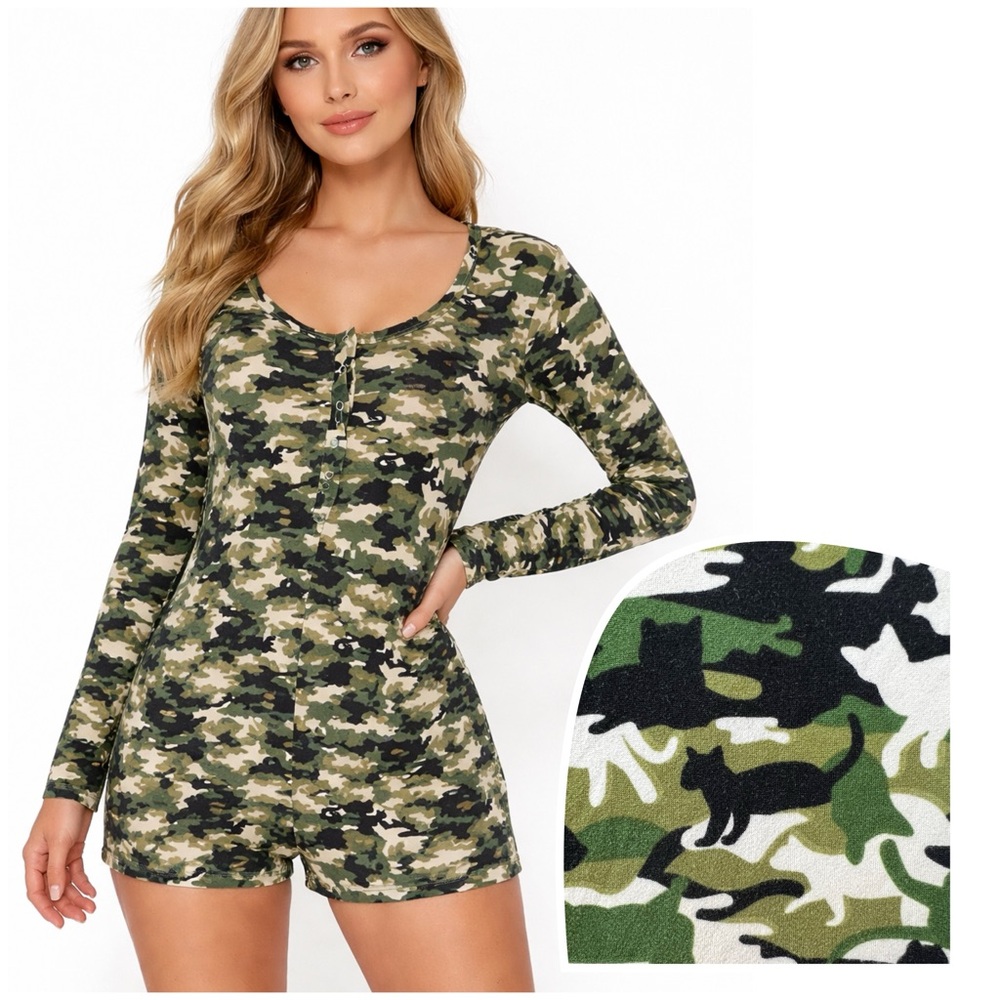 Cutest Cat Camo Camouflage Print Long Sleeve Sleep Romper